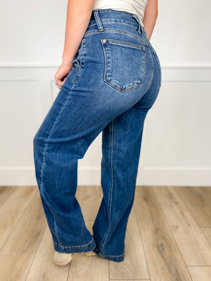 Judy Blue Kira High-Rise Double Button Wide Leg Medium Wash Jeans