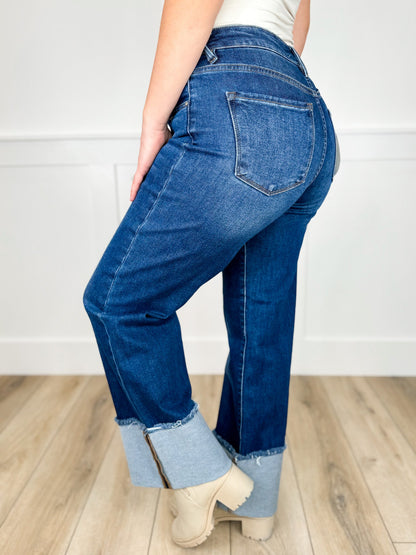 Risen Hadley Mid-Rise Wide Leg Jeans - Dark Wash (Cuffed, Non-Distressed)
