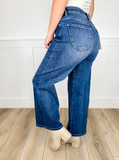 Risen Maeve Tummy Control High-Rise Fray Hem Wide Leg Dark Wash Cropped Blue Jeans