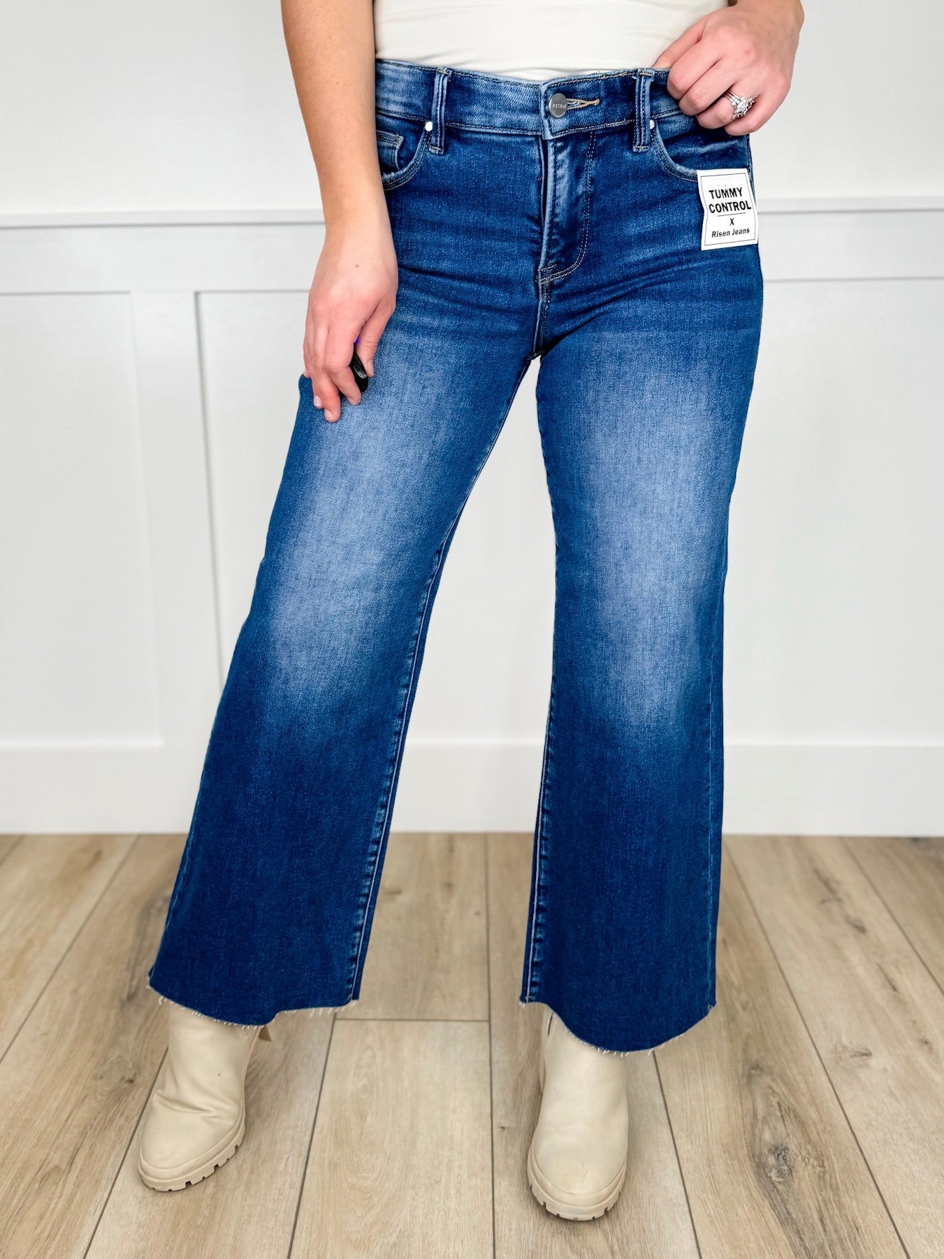 Risen Scout Tummy Control Mid-Rise Wide Leg Cropped Jeans - Dark Wash (Raw Hem, Non-Distressed)