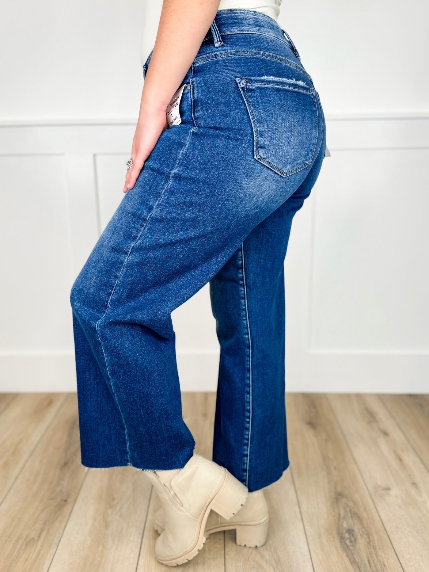 Risen Scout Tummy Control Mid-Rise Wide Leg Cropped Jeans - Dark Wash (Raw Hem, Non-Distressed)