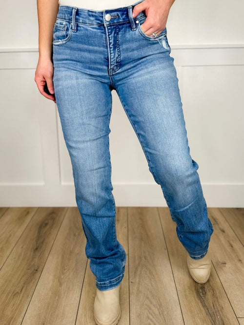 Risen Lennon Tummy Control Mid-Rise Straight Leg Jeans - Medium Wash (Non-Distressed)