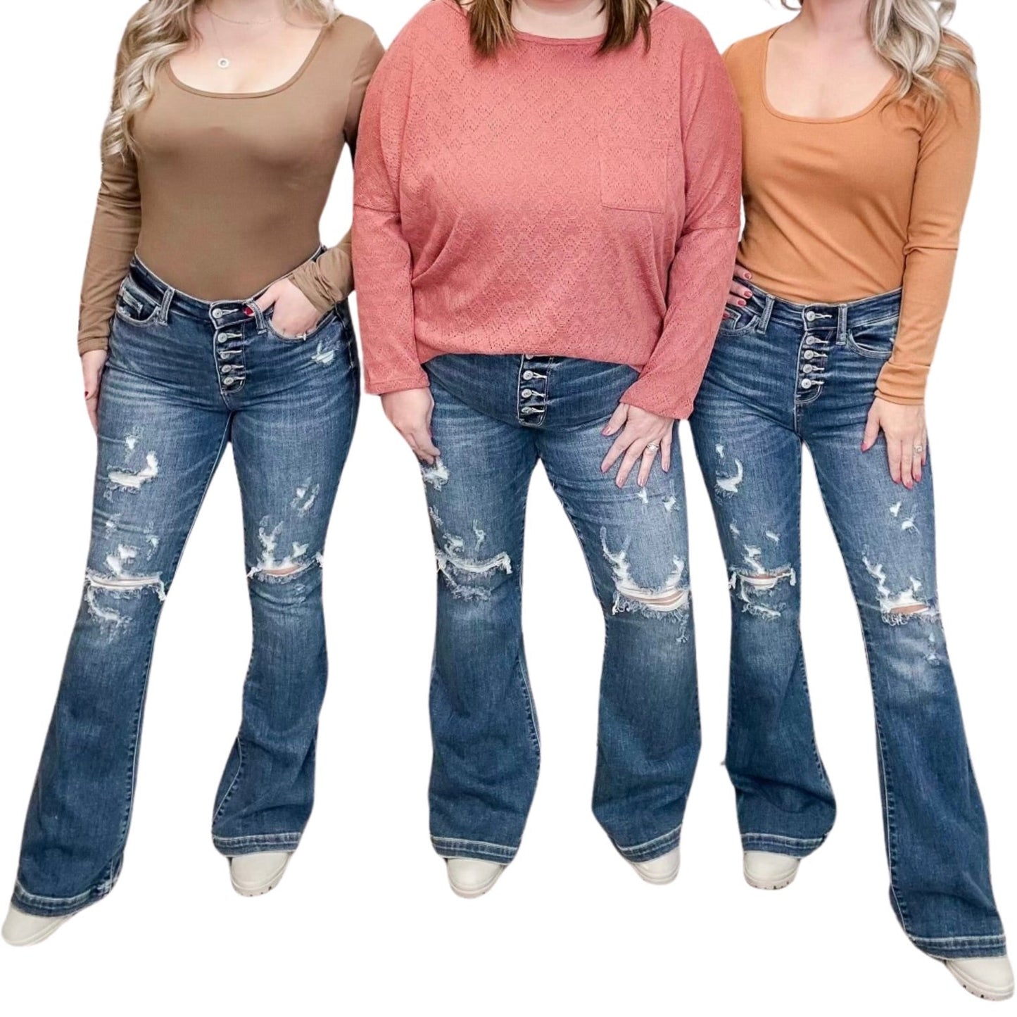 Judy Blue Eliza Mid-Rise Trouser Flare Jeans – Dark Wash (Button Fly, Distressed)