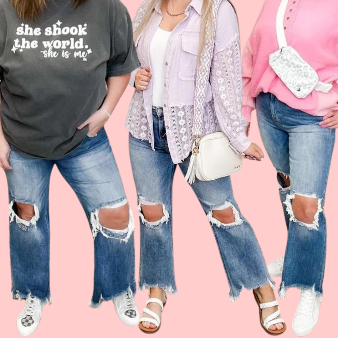 Risen Kristi High-Rise Straight Leg Cropped Jeans - Medium Wash (Distressed)