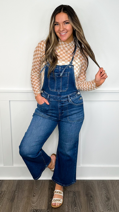 Risen Dakota Wide Leg Cropped Dark Wash Overalls