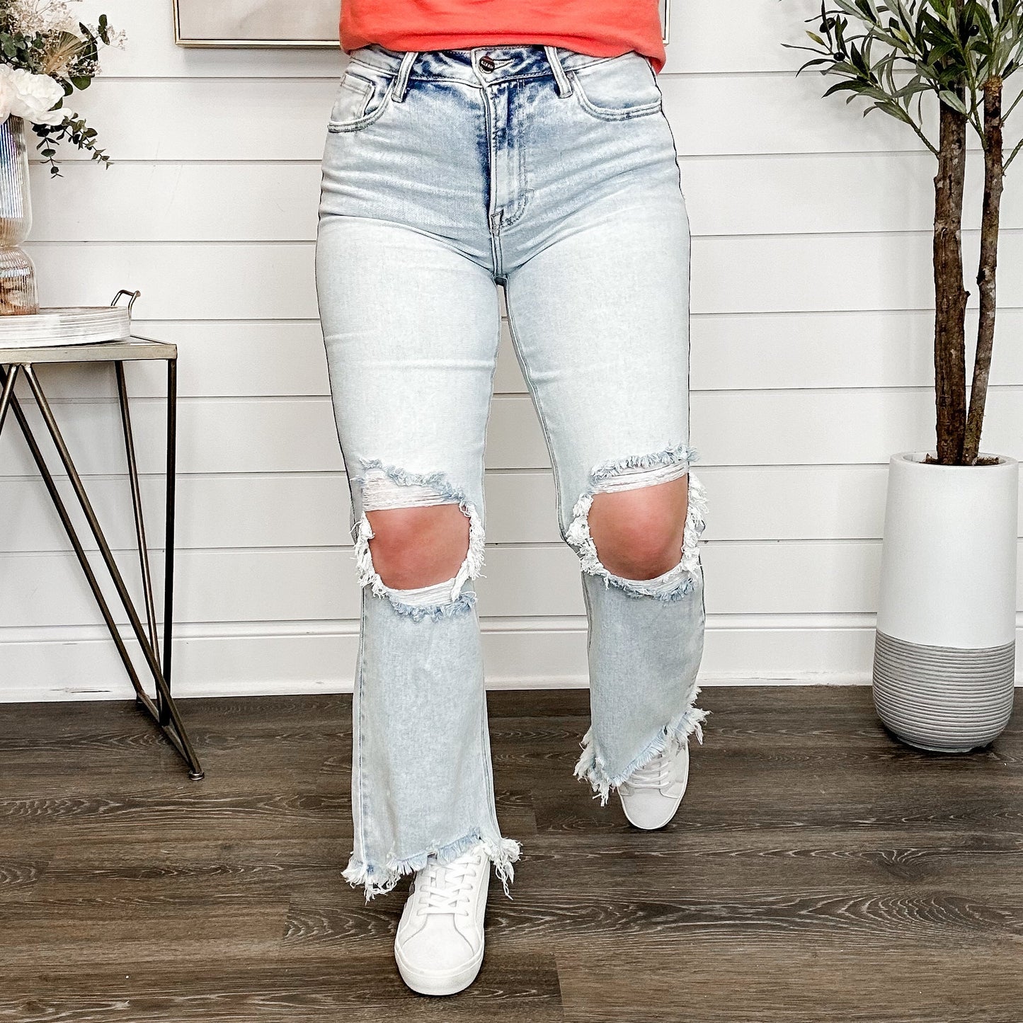 Risen Kristi Distressed High-Rise Straight Leg Cropped Light Acid Wash Blue Jeans