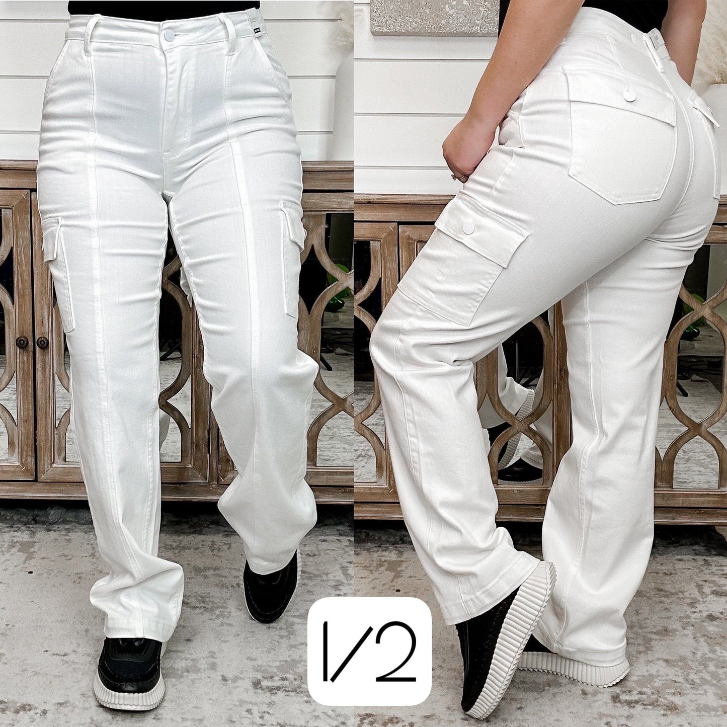 Judy Blue Hannah High-Rise Cargo Straight Leg White Jeans